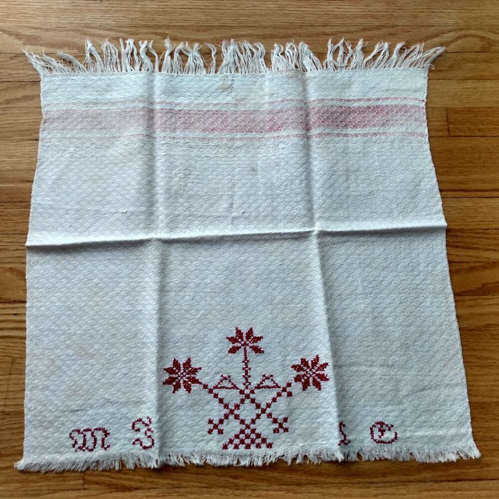 Vintage Monogram Embroidered Redwork Tea Towel Cloth Napkin Red White